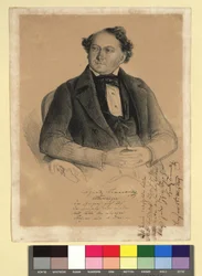 Ignaz Tomaselli, acteur et chanteur (1812-1862). Avec signature en fac-similé et poème de quatre vers «Scène mondiale». À droite, un poème de quatre vers en dédicace d