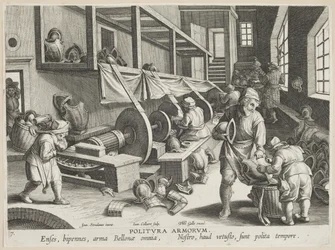 Politura Armorum (Polissage des Armes), planche 17 de la série Nova Reperta (Découvertes Modernes) c.1588