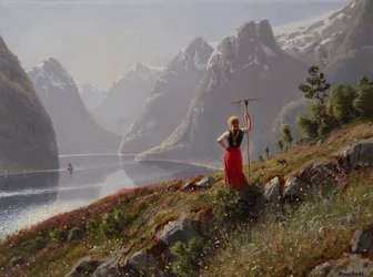 Fille avec un râteau dans un paysage de fjord