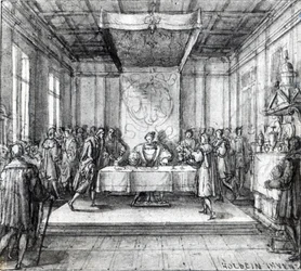 Henri VIII dans sa chambre privée (plume, encre et lavis sur papier)