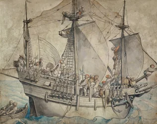 Navire avec marins festifs, lansquenets et une vivandière