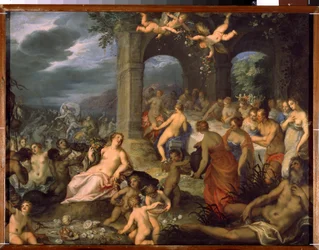 Le festin des dieux, le mariage de Pélée et Thétis. Sur la gauche, des divinités marines, tritons et naïades. Au centre, la déesse de la Terre Tellus Mater, ou Terra Mater ou Gaia, avec une corne d