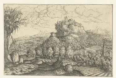 Paysage avec un château sur une montagne