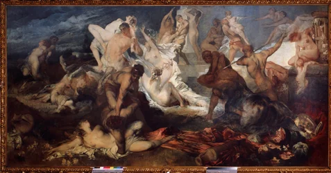 Bataille des Centaures et des Lapithes. Dans la mythologie grecque, les Lapithes massacrèrent les centaures. Peinture de Hans Makart (1840-1884). Art autrichien, époque Art nouveau. Musée d