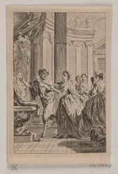 Faune avec un masque à main, poursuivi par une femme