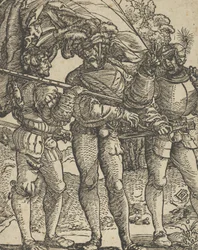 Un porte-étendard flanqué de deux lansquenets