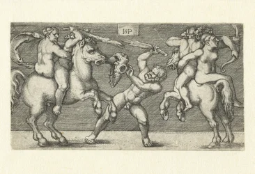 Combat entre deux hommes avec des femmes à cheval et un homme debout