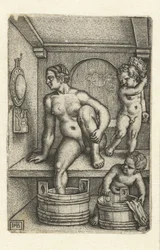Femme avec deux enfants dans la salle de bain