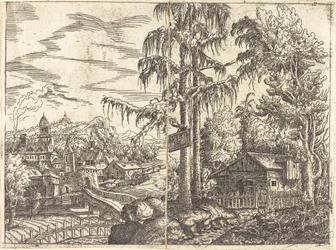 Paysage avec vue sur une chaumière et une ville près d