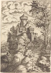 Paysage avec une forteresse et un grand escalier