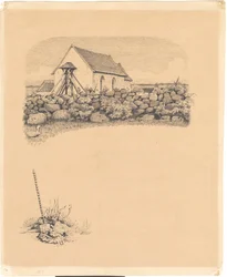 Illustration pour St. St. Blicher : "Mowns". Avant-plan : église derrière un mur de pierre ; avant-plan : cimetière (?) avec une pelle