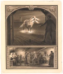 Illustration pour St. St. Blicher : "Mowns". Helhesten et Mowns; f.n.: danse dans une ferme