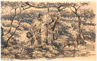 Braconnier avec chien dans la forêt