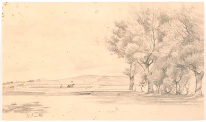 Paysage avec champ labouré; à droite, de grands arbres