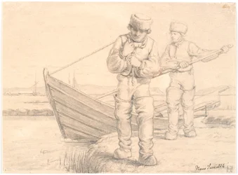 Deux pêcheurs du Limfjord tirant un bateau