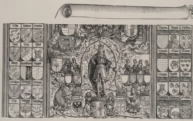 La partie supérieure de la généalogie de Maximilien, avec le bord droit du rouleau, 1515