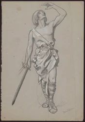 Homme en robe au torse découvert, avec un cor de chasse au côté et une épée dans la main droite