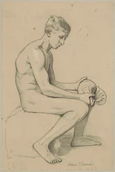 Jeune homme nu avec un coquillage assis sur une pierre