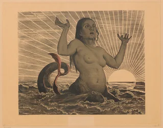 Néréide, les mains levées, sur fond de soleil levant