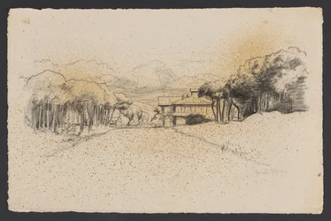 Paysage avec une maison parmi les arbres