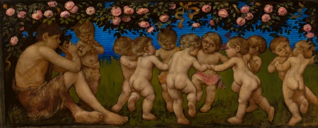 Des putti dansants avec une guirlande de roses
