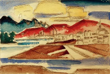 Paysage avec montagnes rouges