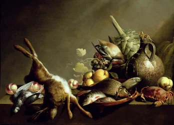 Nature morte avec une cruche en terre cuite et un lièvre