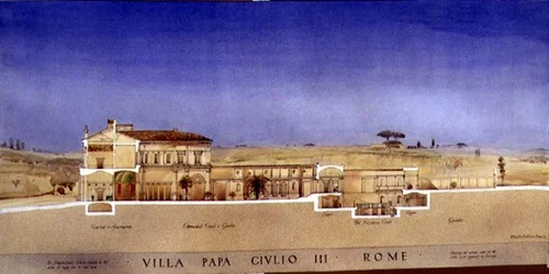 Vue de la cour à colonnades et du jardin de la Villa di Papa Giulio à Rome