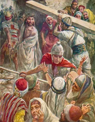 Il a porté la croix pour Jésus, Matthieu, 27, 32 (lithographie couleur)