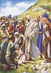 Jésus guérit le petit garçon, illustration de Harold Copping Pictures: The Crown Series, vers 1920