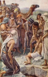 Ancien Testament : La vente de Joseph (lithographie en couleur)
