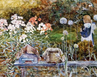 Near Exeter. Une petite fille traverse un jardin en fleurs avec un chat dans les bras. Peinture de Harold Sutton Palmer (1854-1933 British) Collection privee