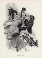 Jeune femme recevant un bouquet de fleurs et une lettre d