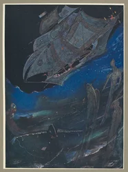 Une illustration montrant un navire en mer, et des poissons en dessous.