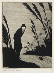 Noir et blanc. « Au milieu de tout se trouvait un visage blanc et froid ». Un homme vêtu de noir; une rangée de poteaux télégraphiques.