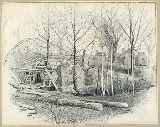 Dessin, aspect actuel du moulin de Gaines, en regardant vers l
