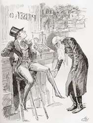 Fledgeby et M. Riah dans la maison de comptage. « Perché sur le tabouret avec son chapeau penché sur la tête et une de ses jambes pendantes, la jeunesse de Fledgeby contrastait à peine avantageusement avec l