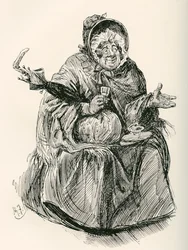 Mme Gamp. Illustration de Harry Furniss pour le roman de Charles Dickens Martin Chuzzlewit, de l