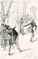 Le duel après le bal. "Les yeux de M. Winkle étant fermés, il ne put observer le comportement très extraordinaire et inexplicable du docteur Slammer. Ce gentleman regarda, se frotta les yeux, et, finalement, cria "Arrêtez, arrêtez ! ce n