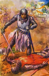 "Après un combat acharné, les Templiers ont été vaincus" (lithographie couleur)