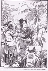 Tous les arbres flétris se sont instantanément couverts de belles fleurs de cerisier (Le vieil homme qui faisait fleurir les arbres flétris) (litho)