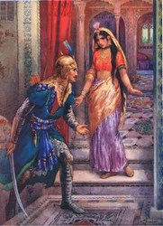 Apercevant Rama, elle se précipite. Extrait des Aventures de Rama et Sita, illustration tirée de "Childrens Stories from Indian Legends", vers 1930 (lithographie couleur)