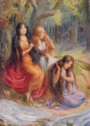 Hladgrun, Olrun et Alvit, illustration de "The Wayland Smith" dans "Northern Legends" par Raphael Tuck (pub) (lithographie couleur)