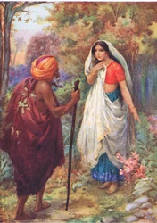 "Que je me repose un peu dans cet endroit agréable. Extrait des Aventures de Rama et Sita, illustration tirée de "Childrens Stories from Indian Legends", vers 1930 (lithographie couleur)