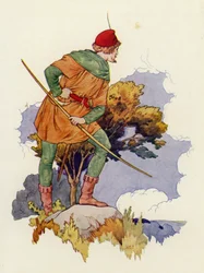 Robin observe de loin le rassemblement à la grange de Guy (lithographie couleur)
