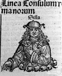 Représentation du politicien romain Lucius Cornelius Sulla (Sylla) (138-68 av. J.-C.) Xylographie des « Chroniques de Nuremberg » par Hartmann Schedel