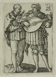 Deux musiciens jouant du violon et du luth, planche une des Petits danseurs de mariage