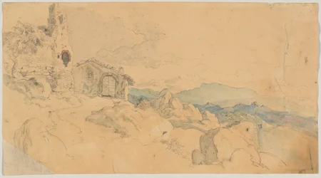 Paysage de montagne avec cabane et ruine