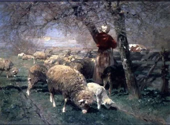 Une bergère et des moutons dans un paysage