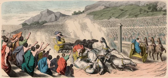 Grèce antique : Jeux olympiques - course de quadriges dans l